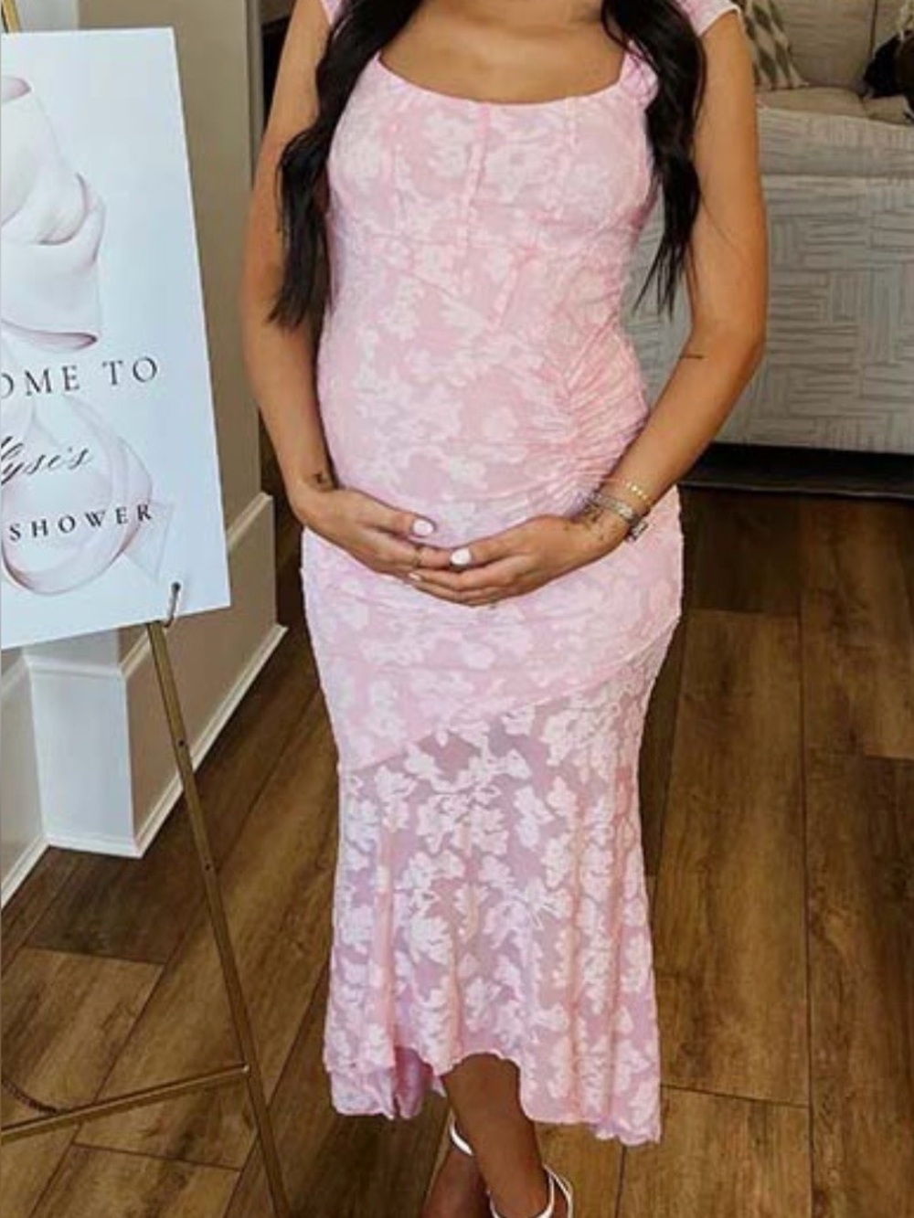 Pink Lace Maternity Midi Dress (Size XL)